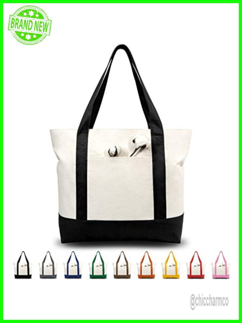 Canvas Tote Bag with Zipper External Pocket Reusable Grocery Shopping Bag